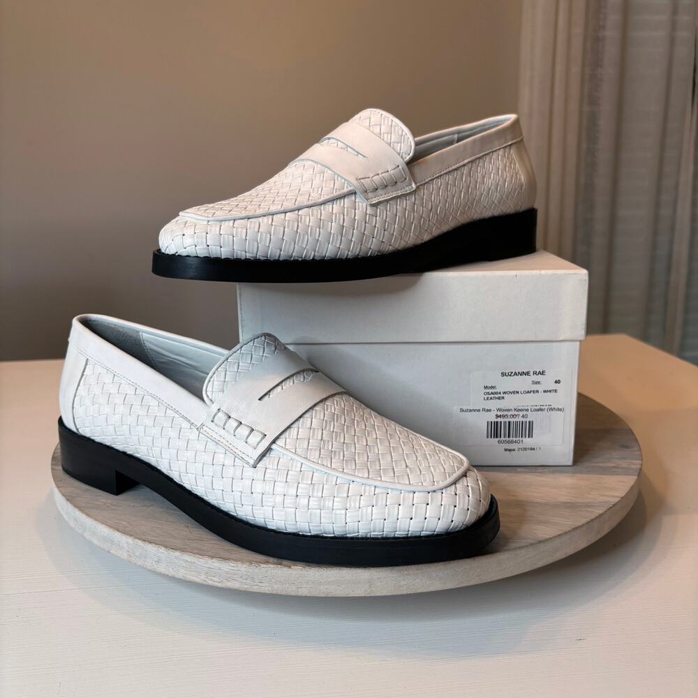 Suzanne Rae Woven Keene Loafer White Nappa Leather Penny Flat Shoes Size 40